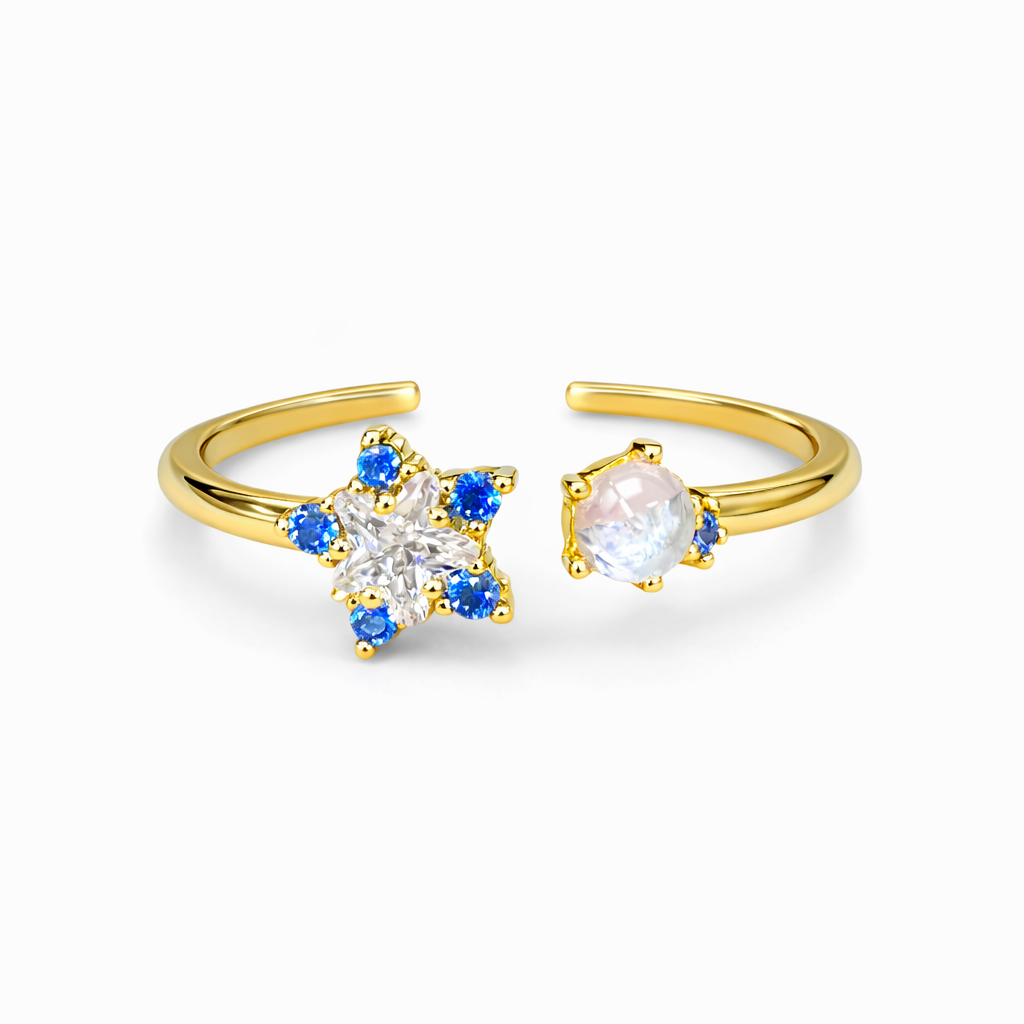 Anillo Flor Azul con Blanco Chapa de Oro