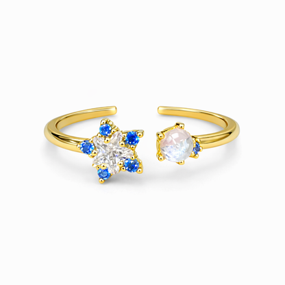 Anillo Flor Azul con Blanco Chapa de Oro