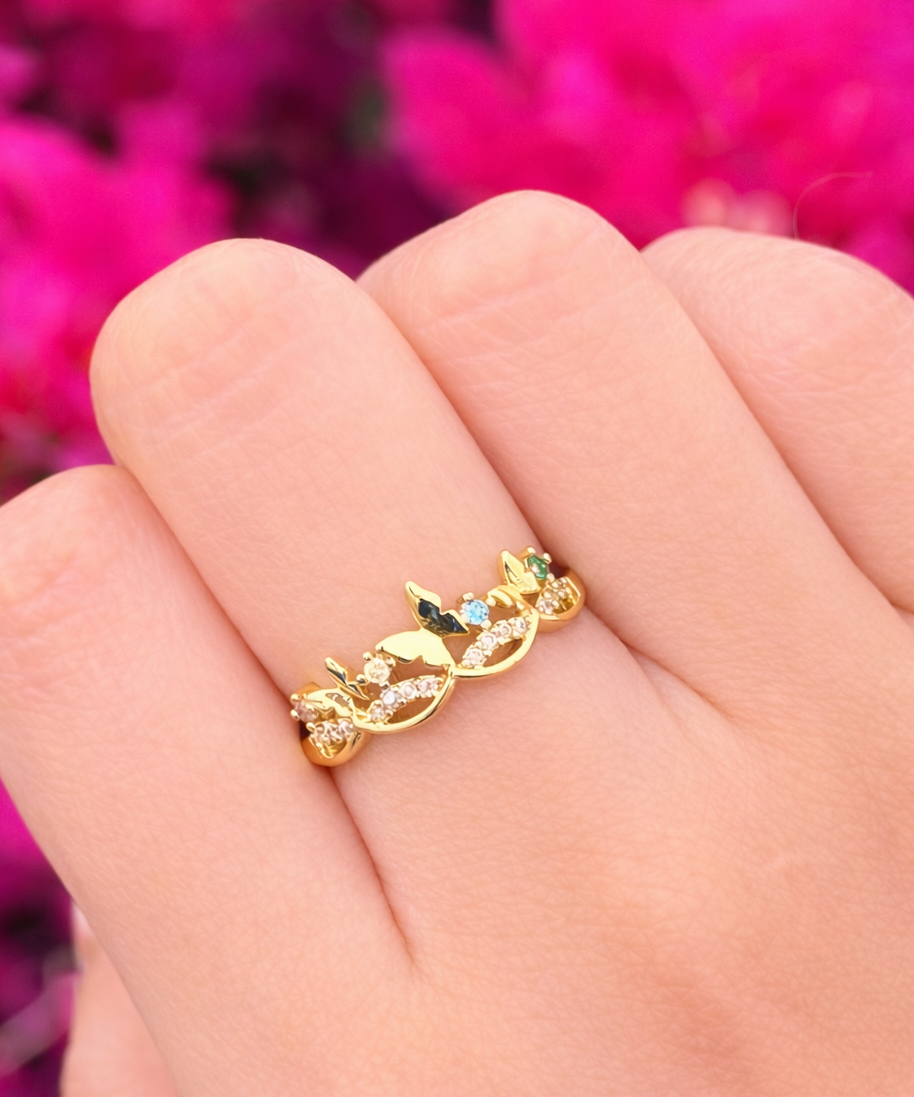 Anillo mariposas con zirconias chapa de oro