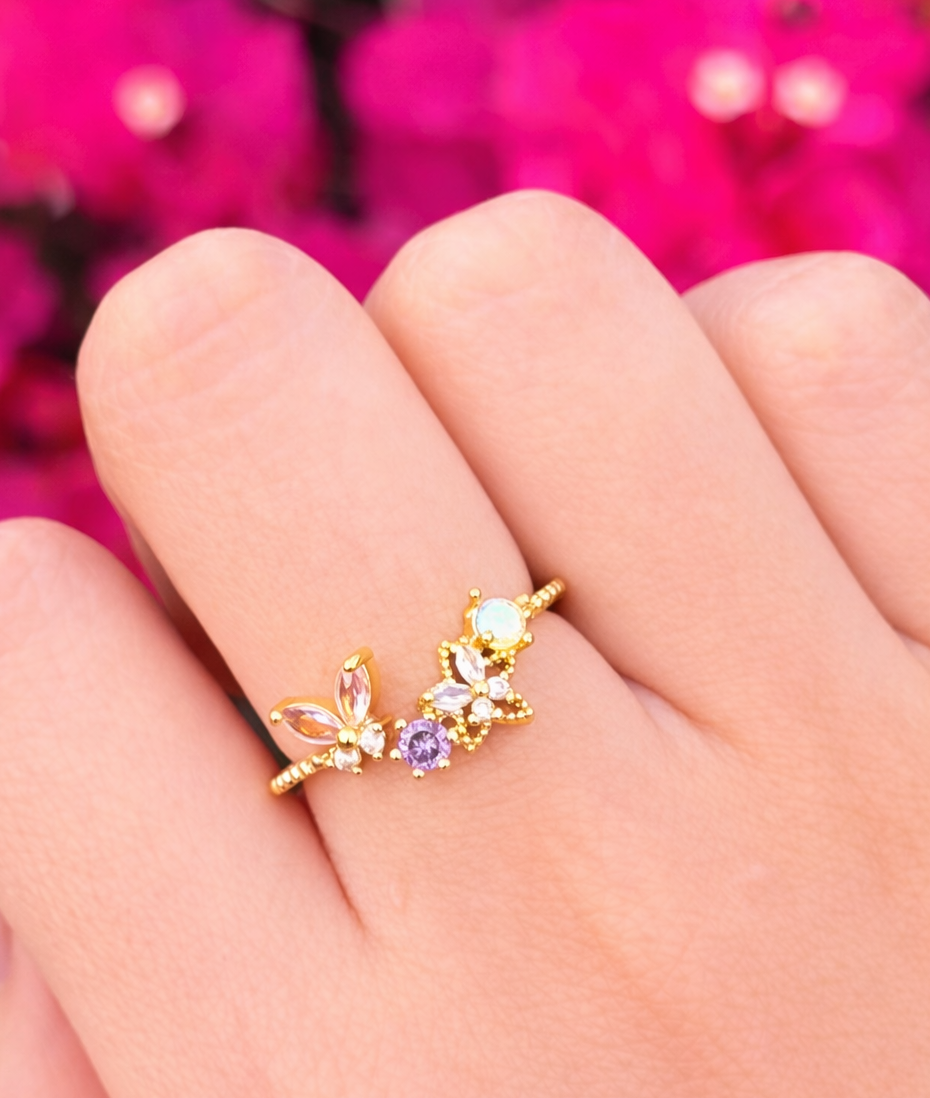 Anillo mariposa rosa y cristales chapa de oro