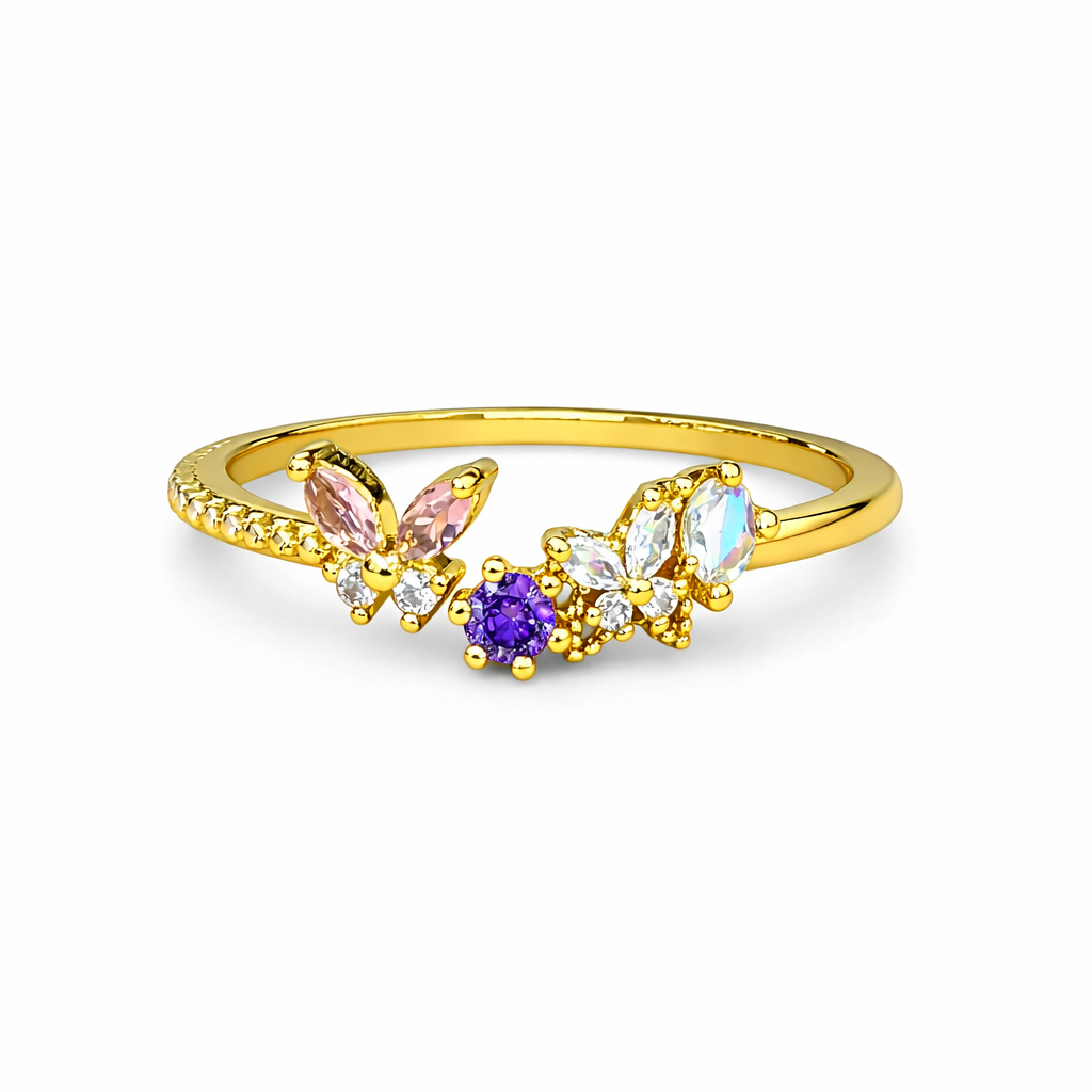 Anillo mariposa rosa y cristales chapa de oro