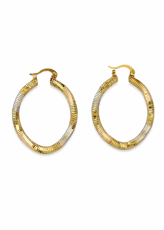 Aretes arracadas rayadas bicolor baño de oro