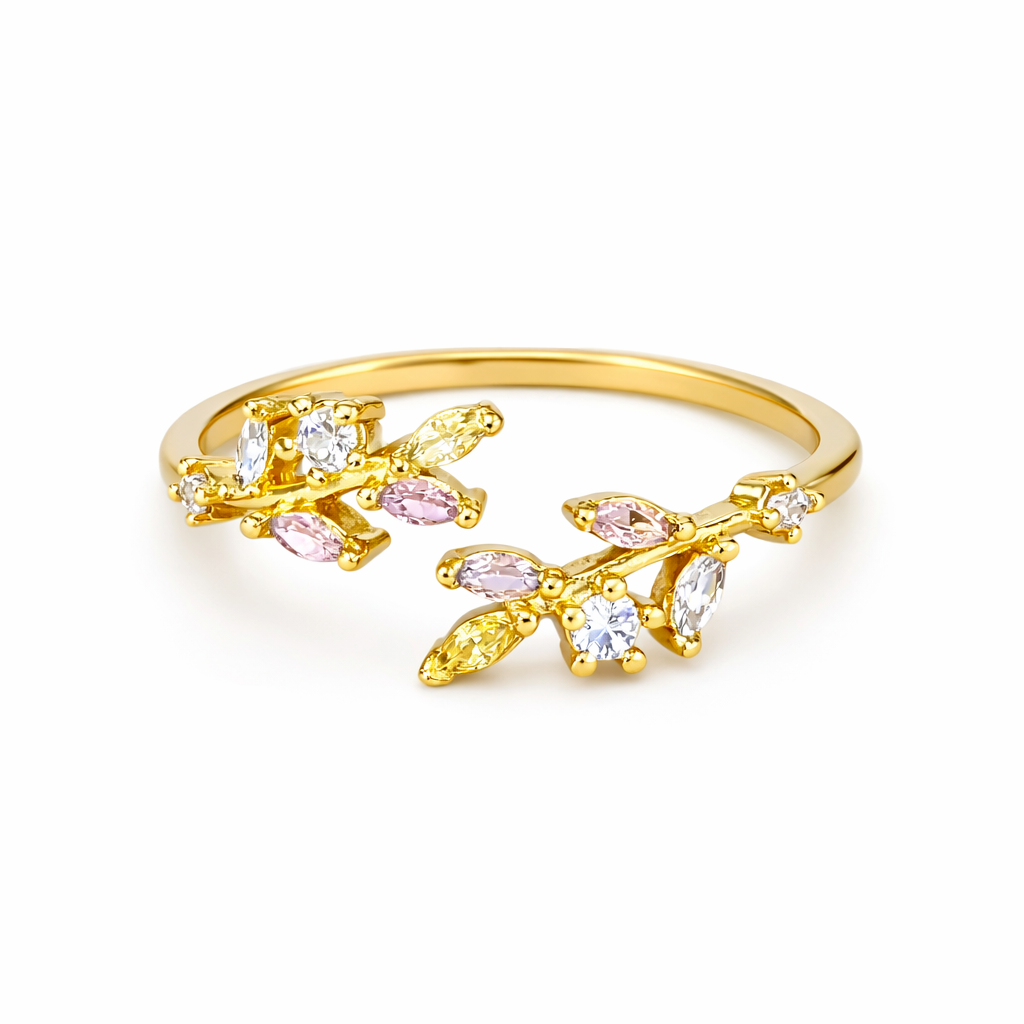 Anillo hojas de colores chapa de oro