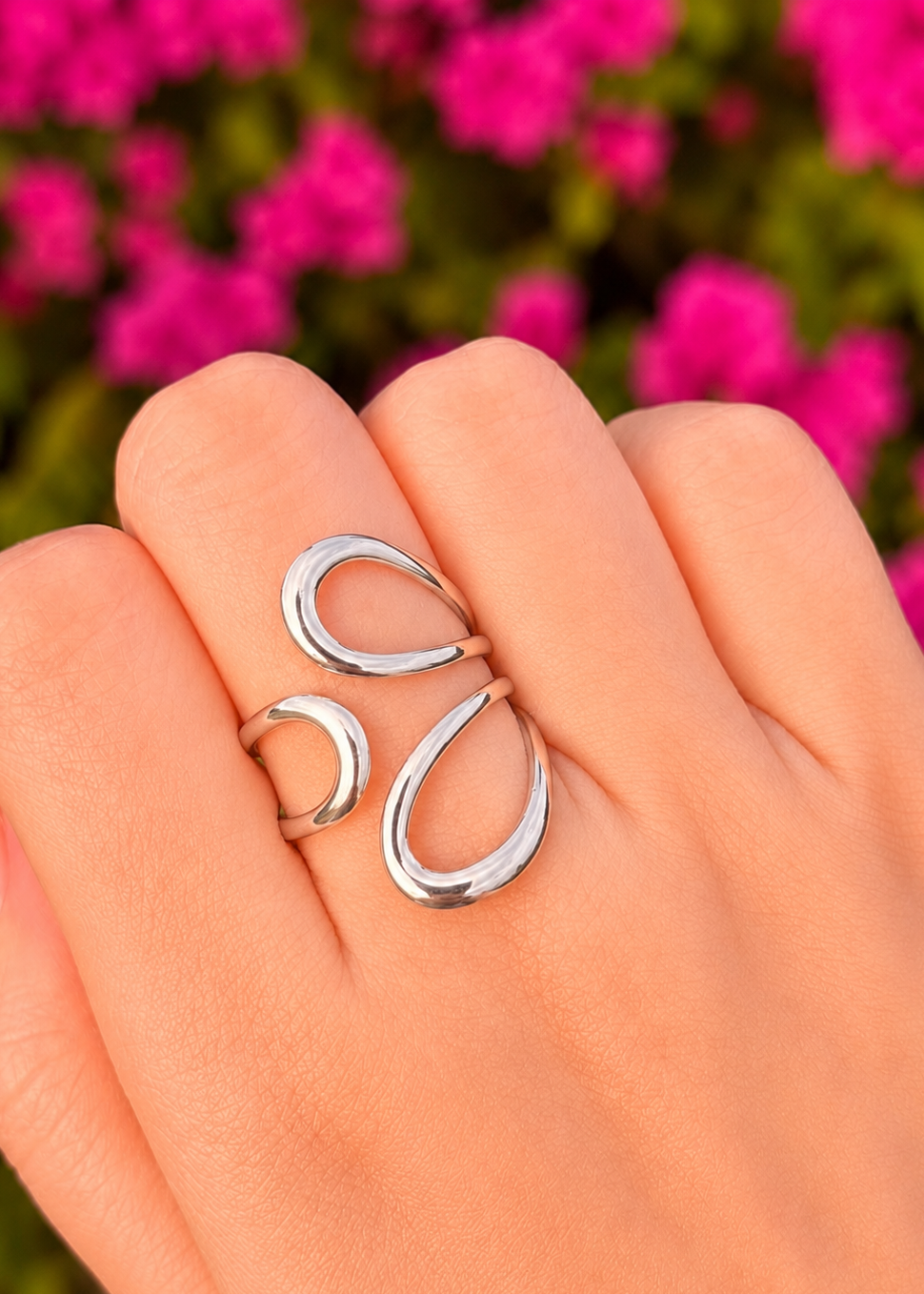 Anillo ondas plateado acero inoxidable