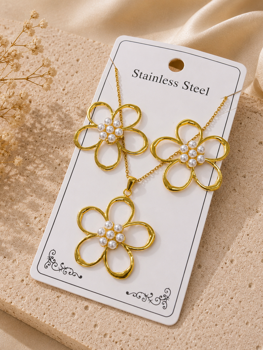 Conjunto flor abierta con perlas acero inoxidable