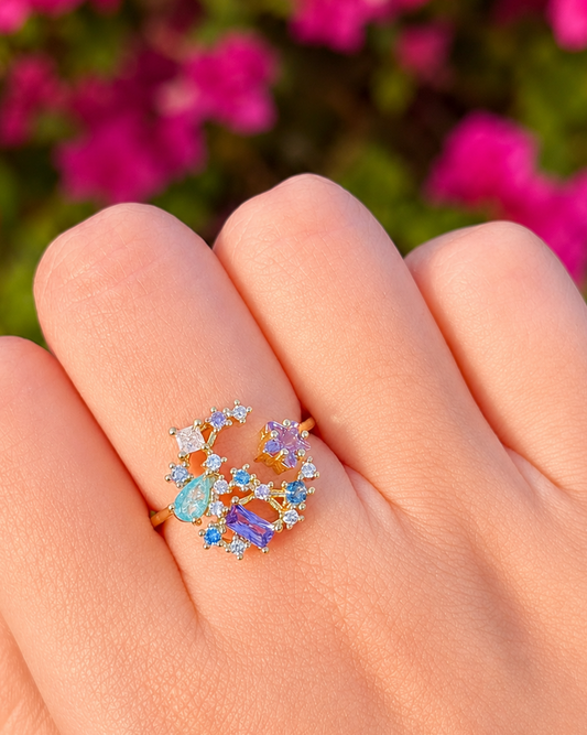 Anillo luna zirconias colores brillante chapa de oro