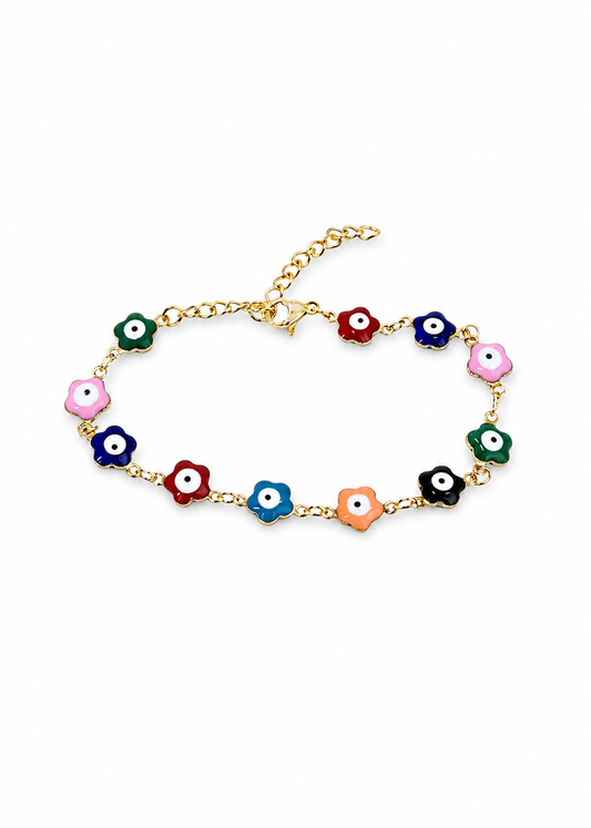 Pulsera flores ojos turcos colores acero inoxidable