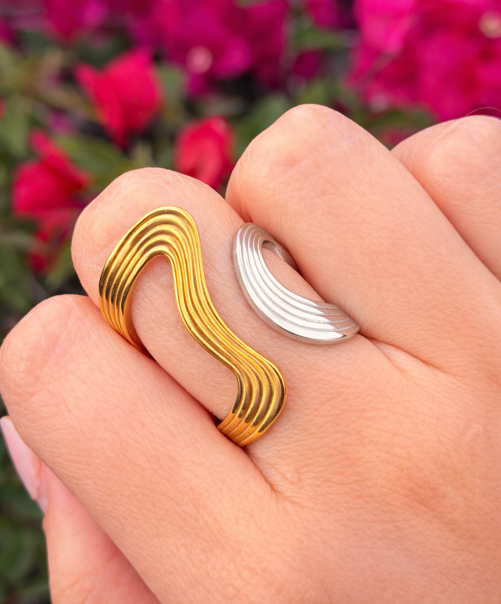 Anillo ondas bicolor acero inoxidable