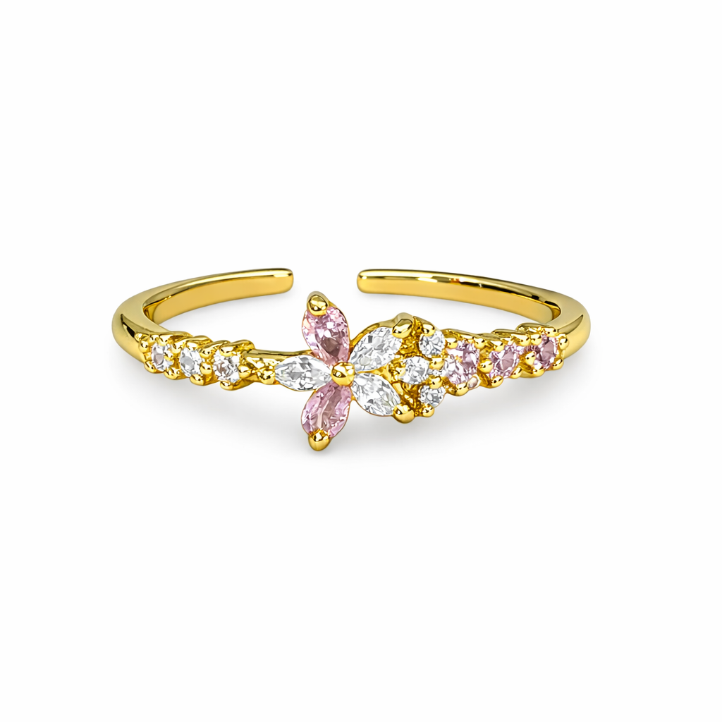 Anillo flor rosa y blanca chapa de oro