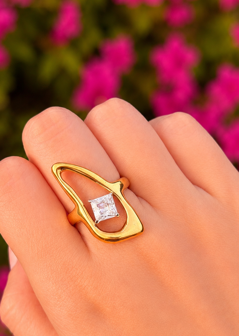 Anillo ovalado abierto con cristal acero inoxidable