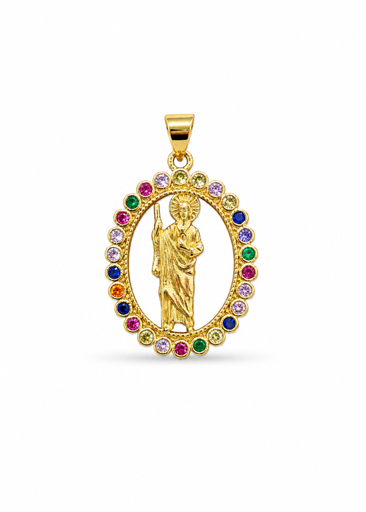 Dije medalla de san Benito con piedras circulares zirconias acero inoxidable