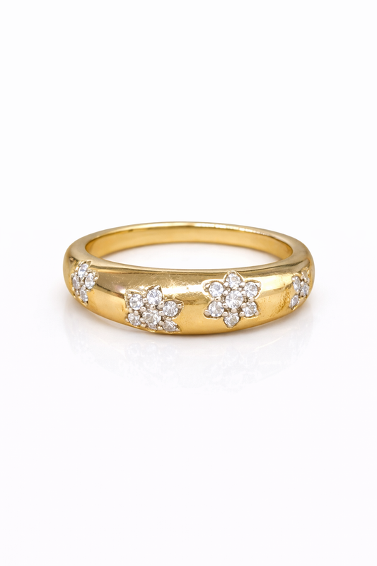 Anillo banda flores zirconias chapa de oro