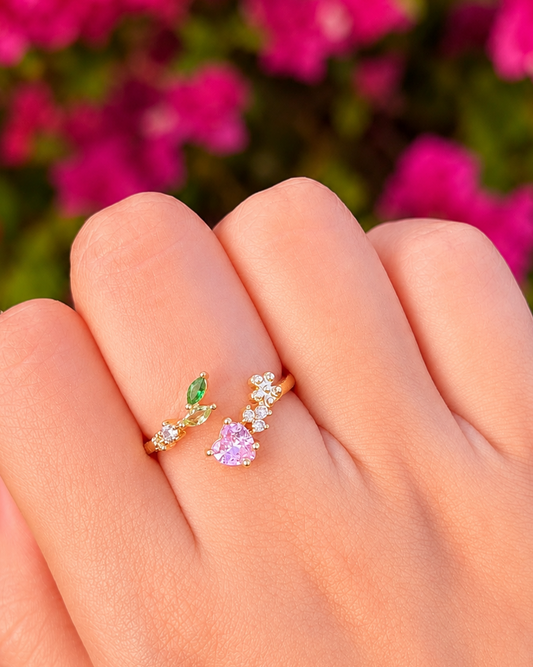 Anillo ajustable corazón rosa con hojas multicolor chapa de oro