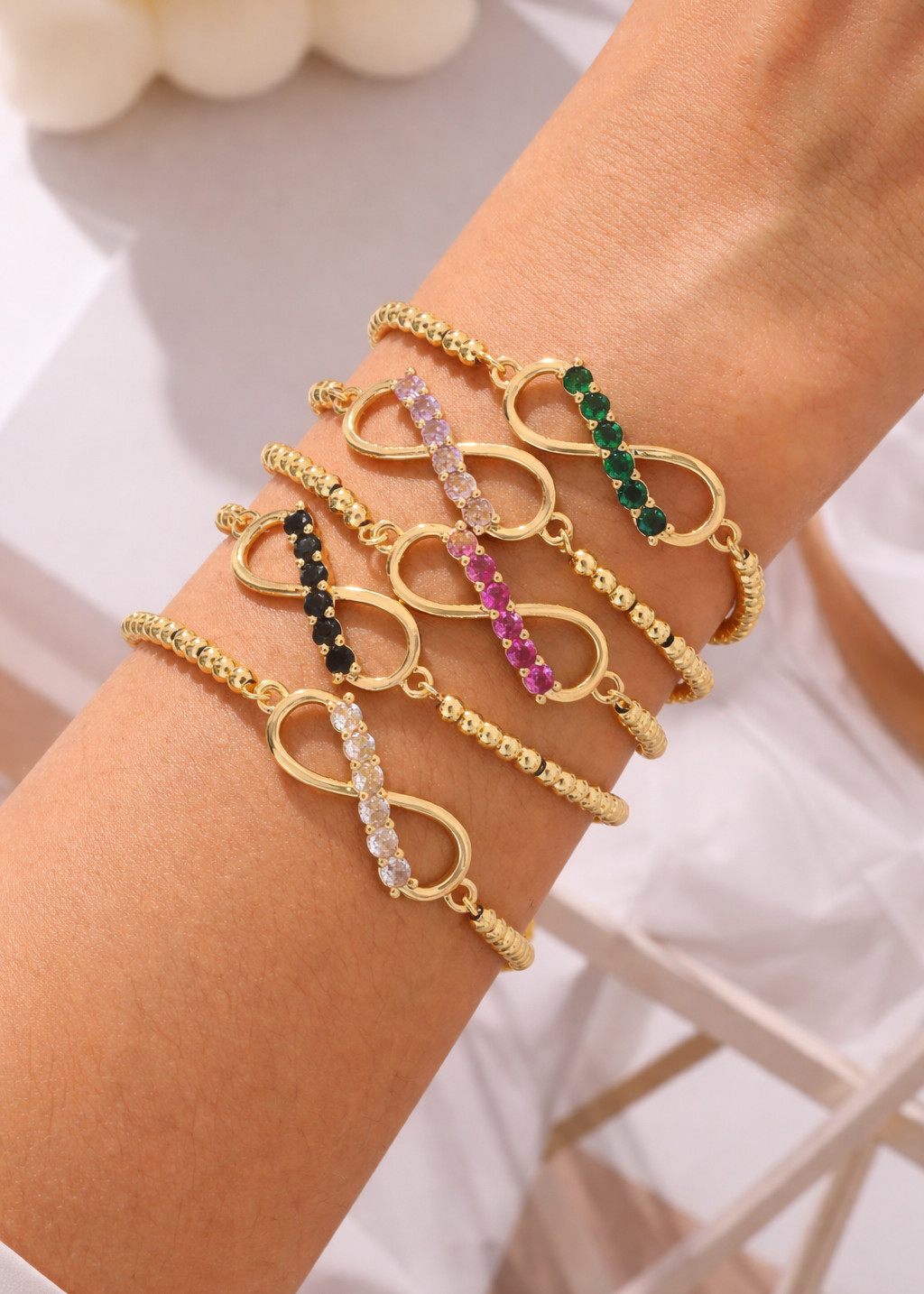 Pulseras símbolo infinito con zirconias ajustable chapa de oro