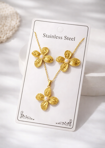Conjunto flores y perlas acero inoxidable
