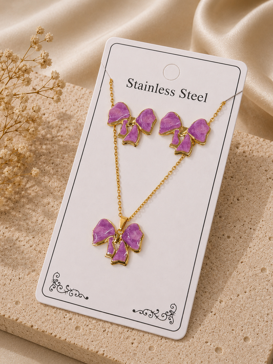 Conjunto moño rosa acero inoxidable