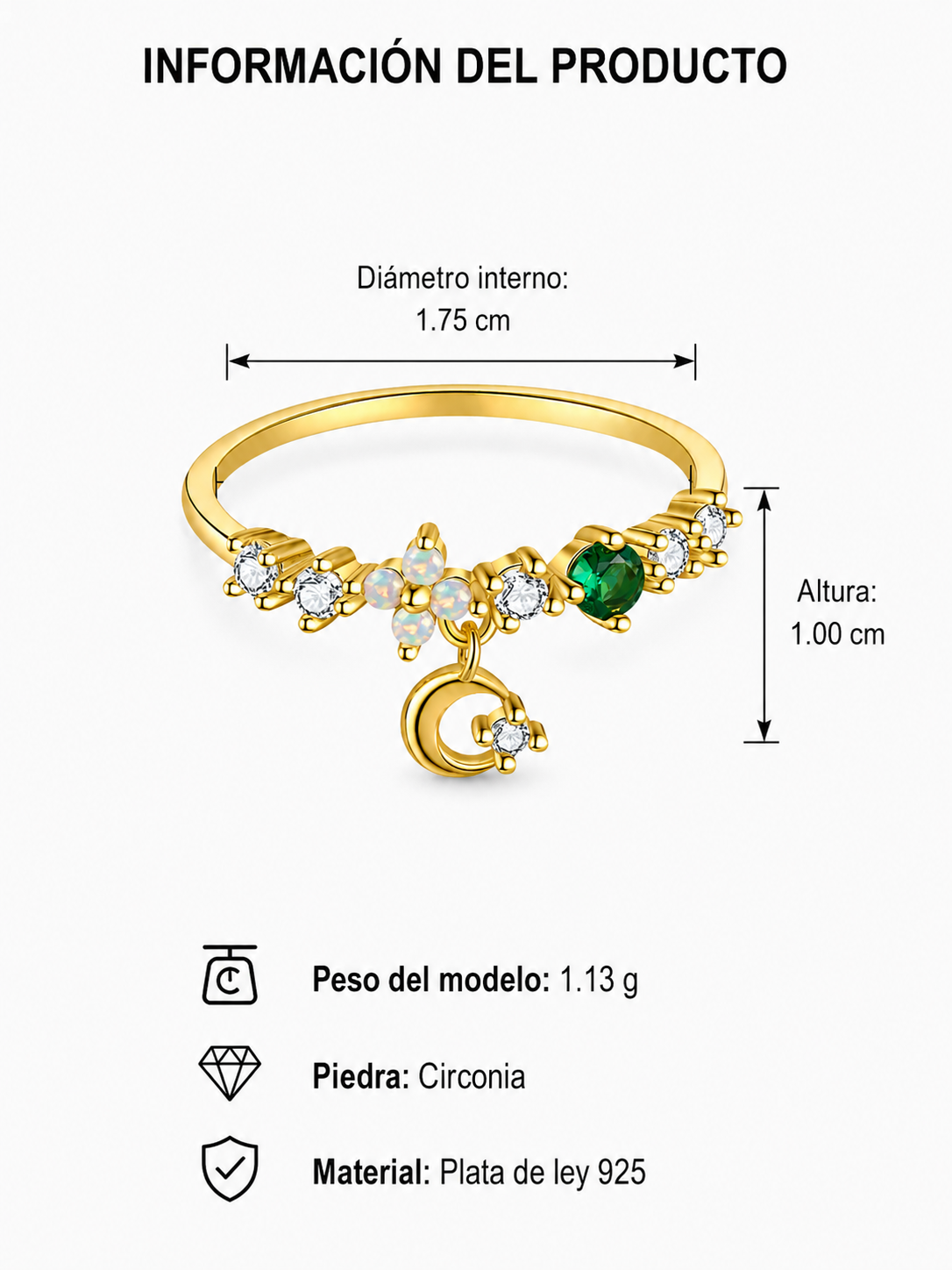 Anillo luna esmeralda dorado plata de ley 925