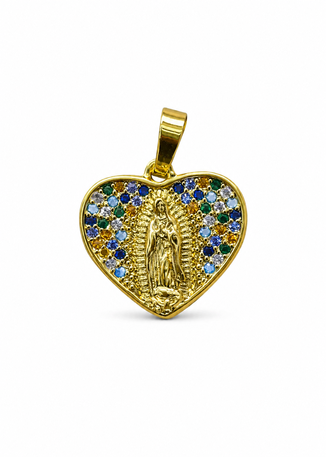 Dije corazón virgen de Guadalupe con zirconias acero inoxidable
