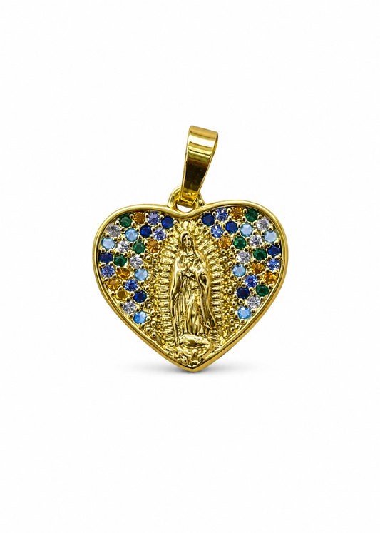 Dije corazón virgen de Guadalupe con zirconias acero inoxidable