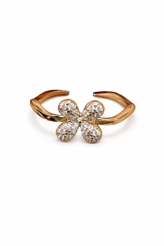 Anillo flor 4 pétalos con zirconias chapa de oro