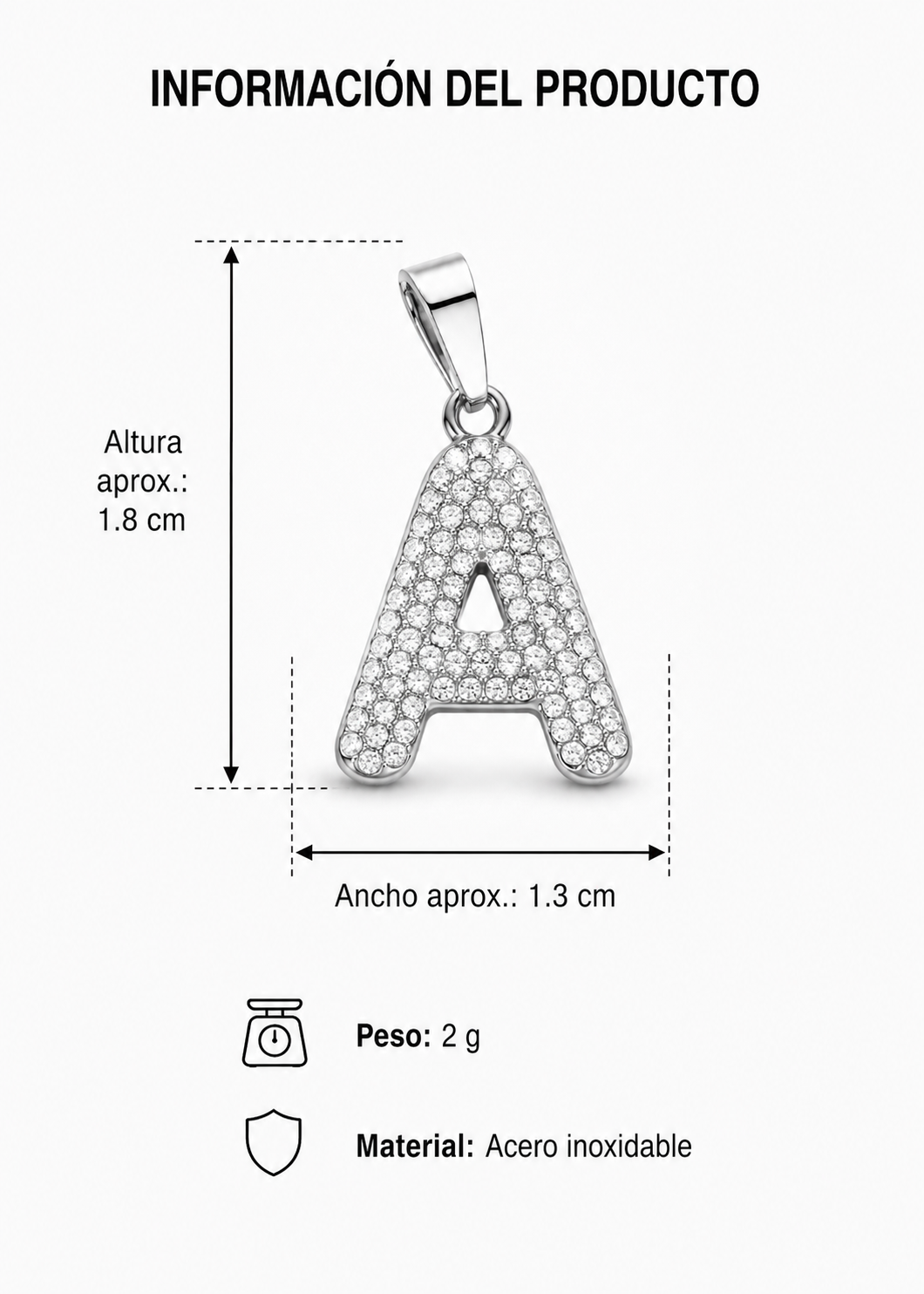Dijes letras con cristales plateadas acero inoxidable