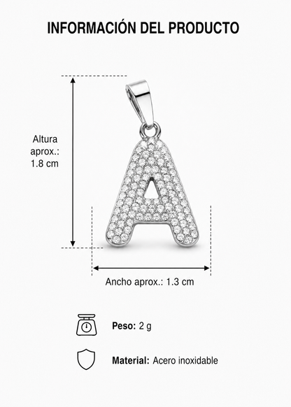 Dijes letras con cristales plateadas acero inoxidable