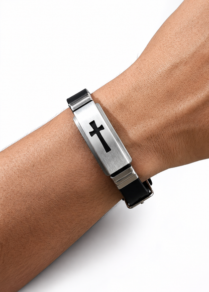 Pulsera con cruz teñida negra unisex acero titanio