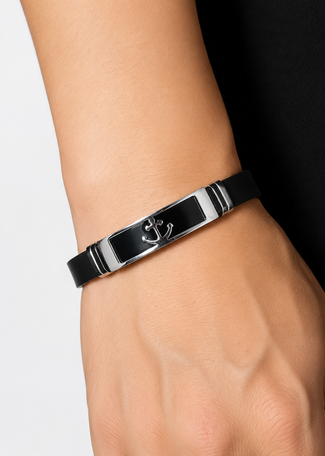 Pulsera con ancla teñida negra unisex acero inoxidable