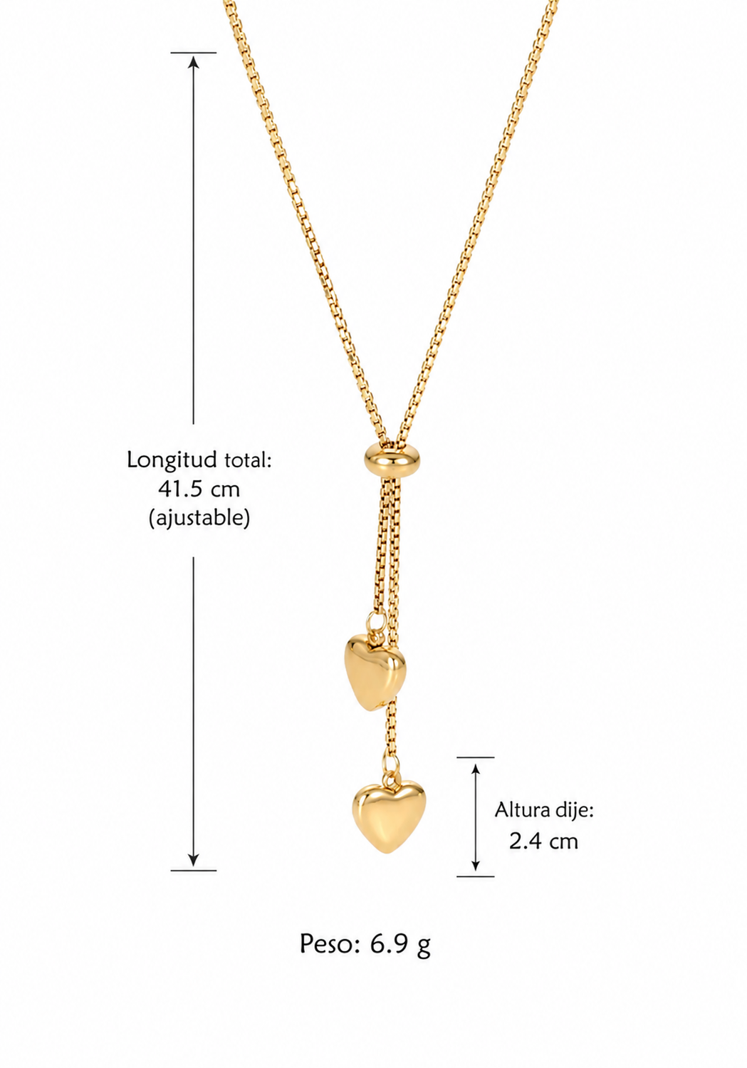 Collar lariat con corazones dorado acero inoxidable