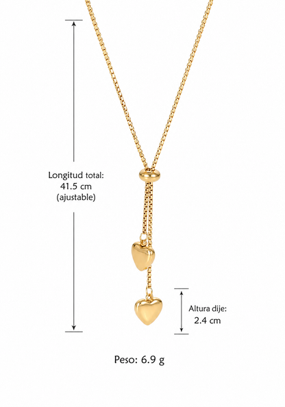 Collar lariat con corazones dorado acero inoxidable