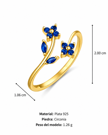 Anillo abierto con flores azules dorado plata de ley 925
