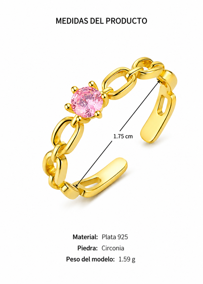 Anillo de cadena con circonia rosa dorado plata de ley 925