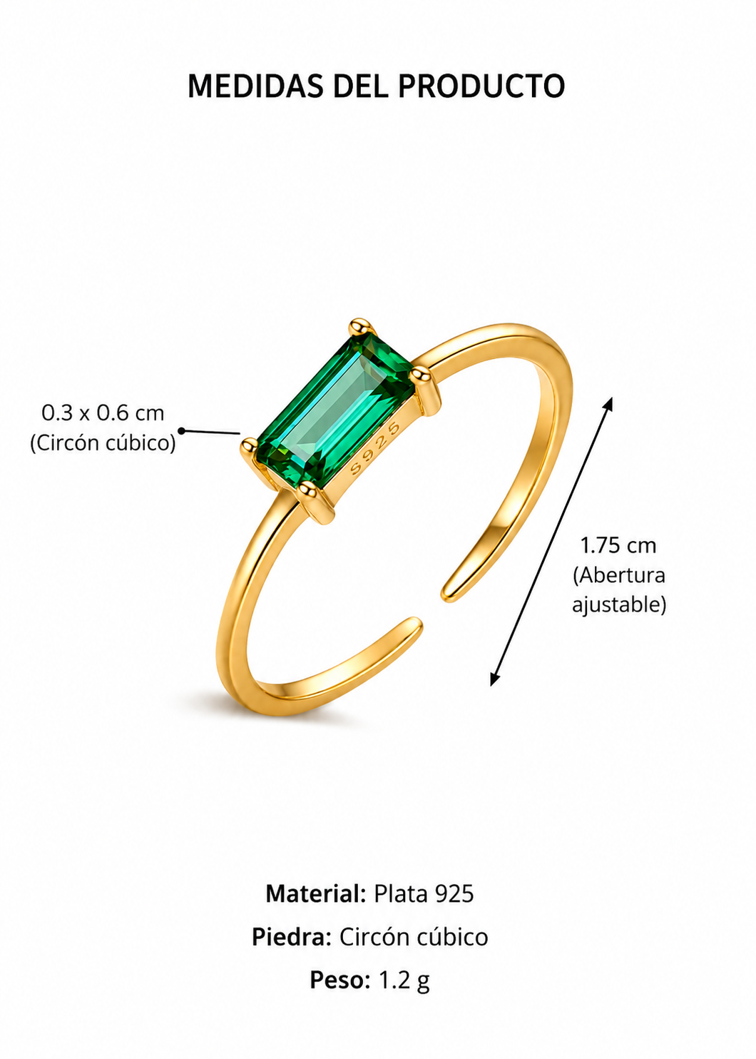 Anillo abierto con zirconia rectangular verde dorado plata de ley 925