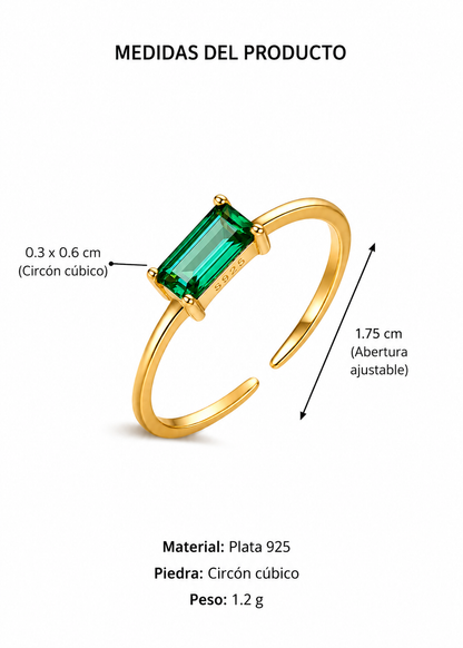 Anillo abierto con zirconia rectangular verde dorado plata de ley 925