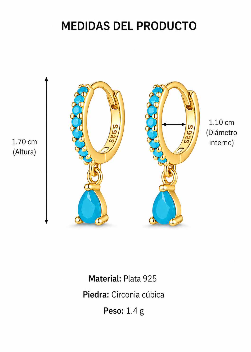 Aretes huggies con gota azul dorado plata de ley 925