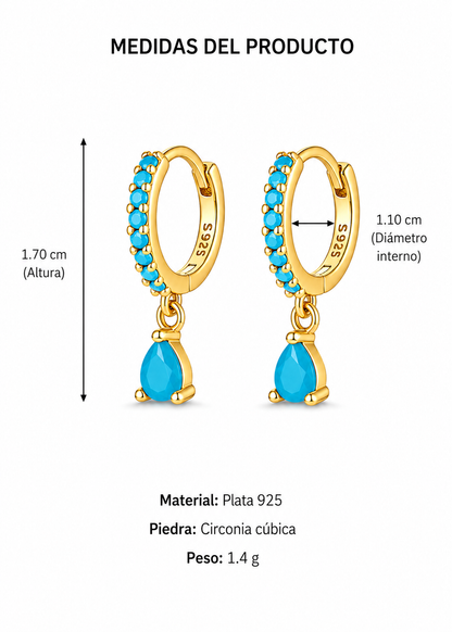 Aretes huggies con gota azul dorado plata de ley 925