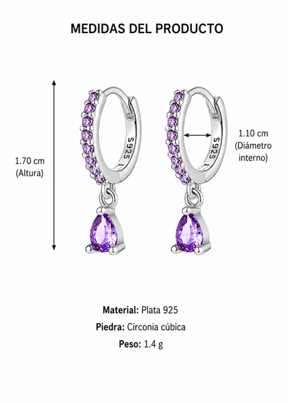 Aretes huggies con gota morada plateado plata de ley 925