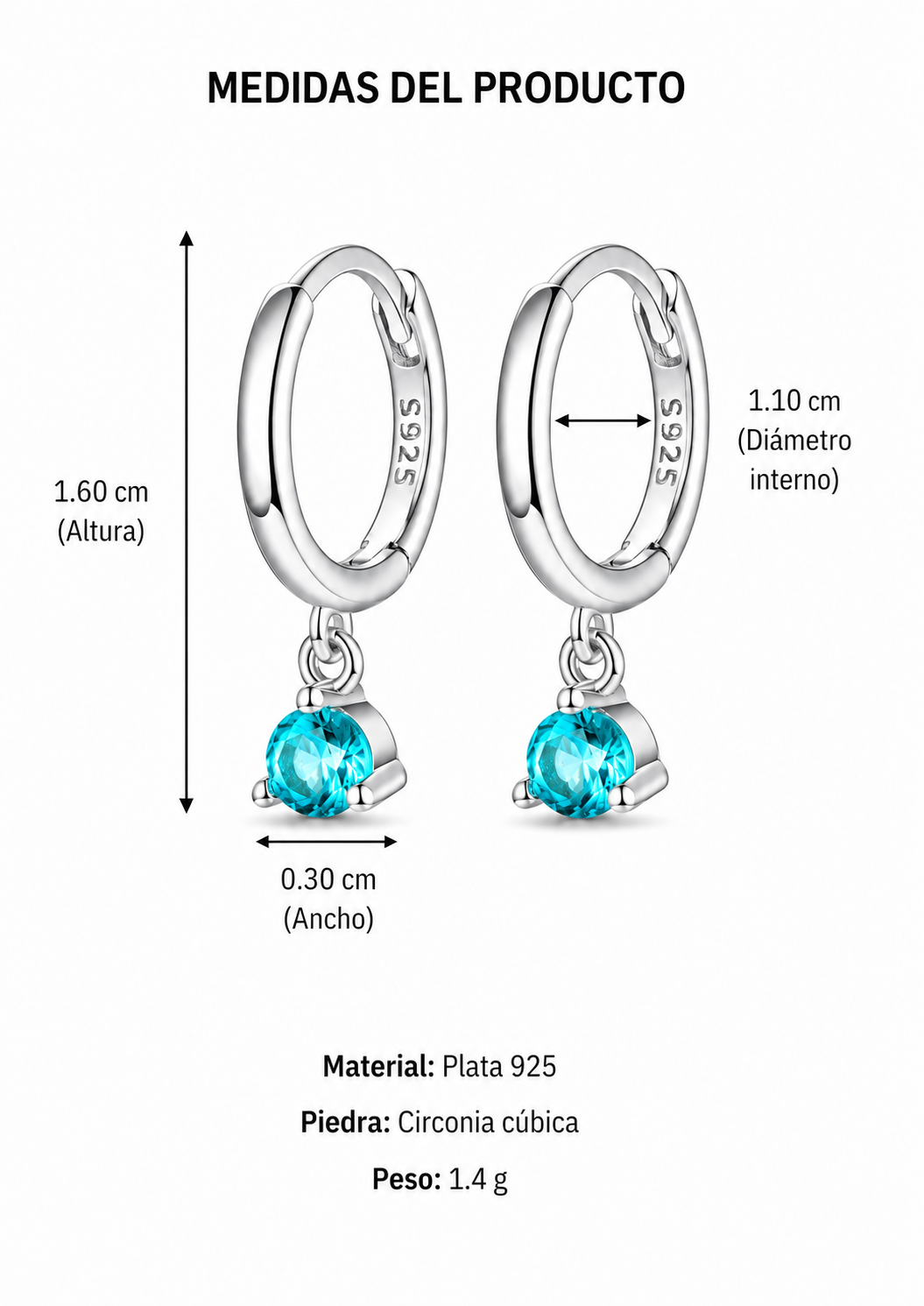 Aretes huggies con zirconia turquesa plateado plata de ley 925