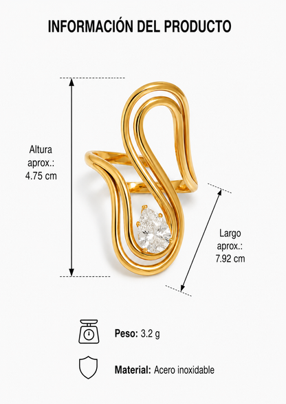 Anillo doble curva con zirconia pera acero inoxidable 304