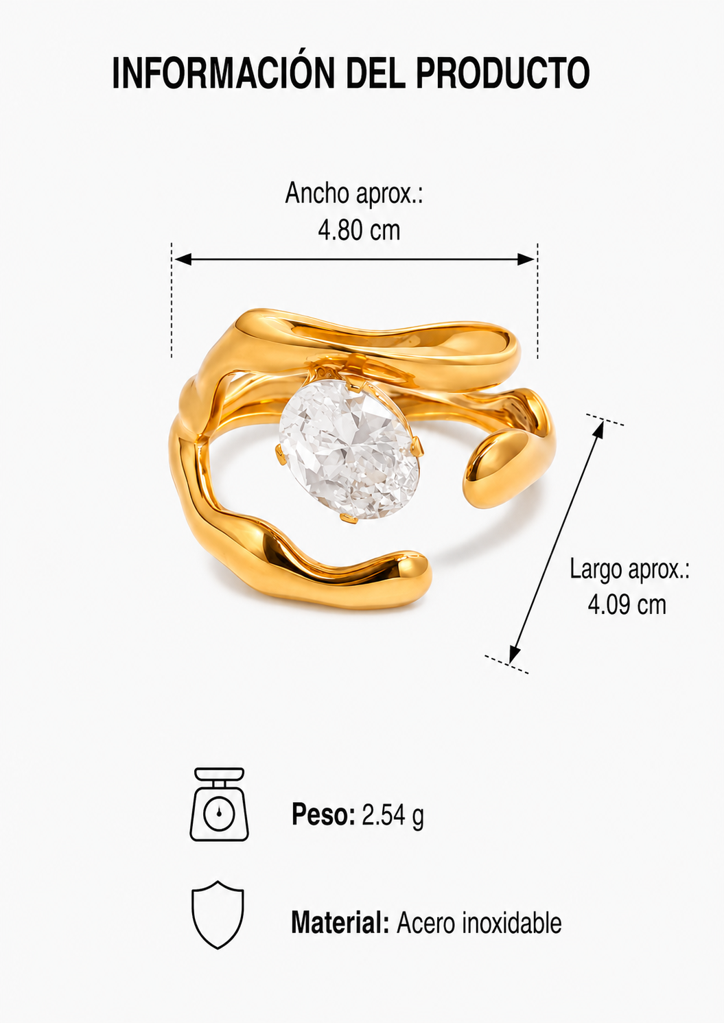 Anillo abierto con zirconia ovalada acero inoxidable 304