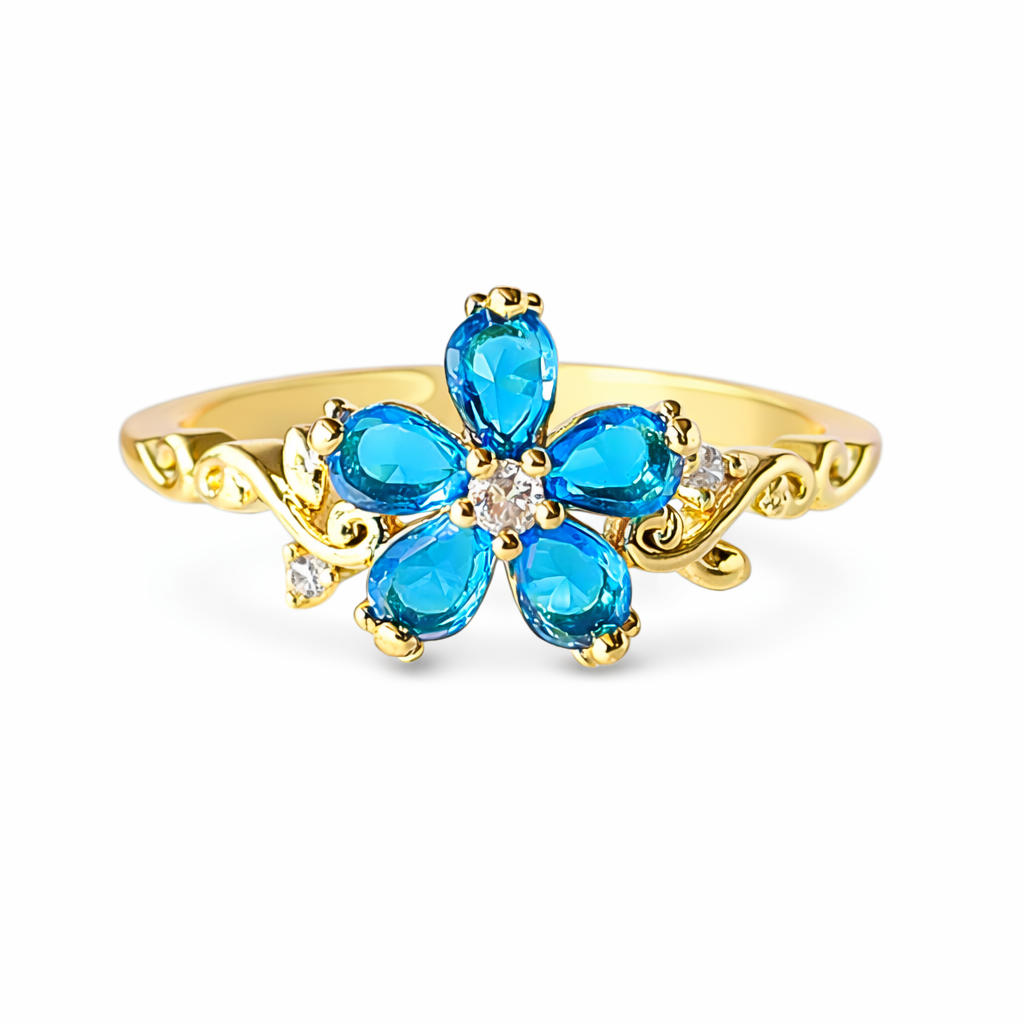 Anillo floral azul chapa de oro