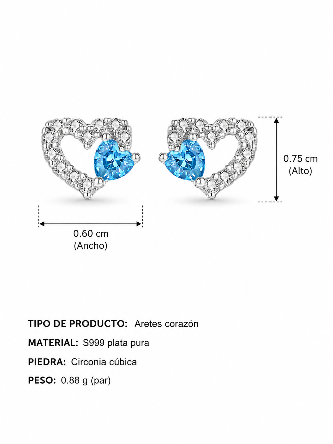 Aretes corazón con zirconias y cristal azul Plata S999