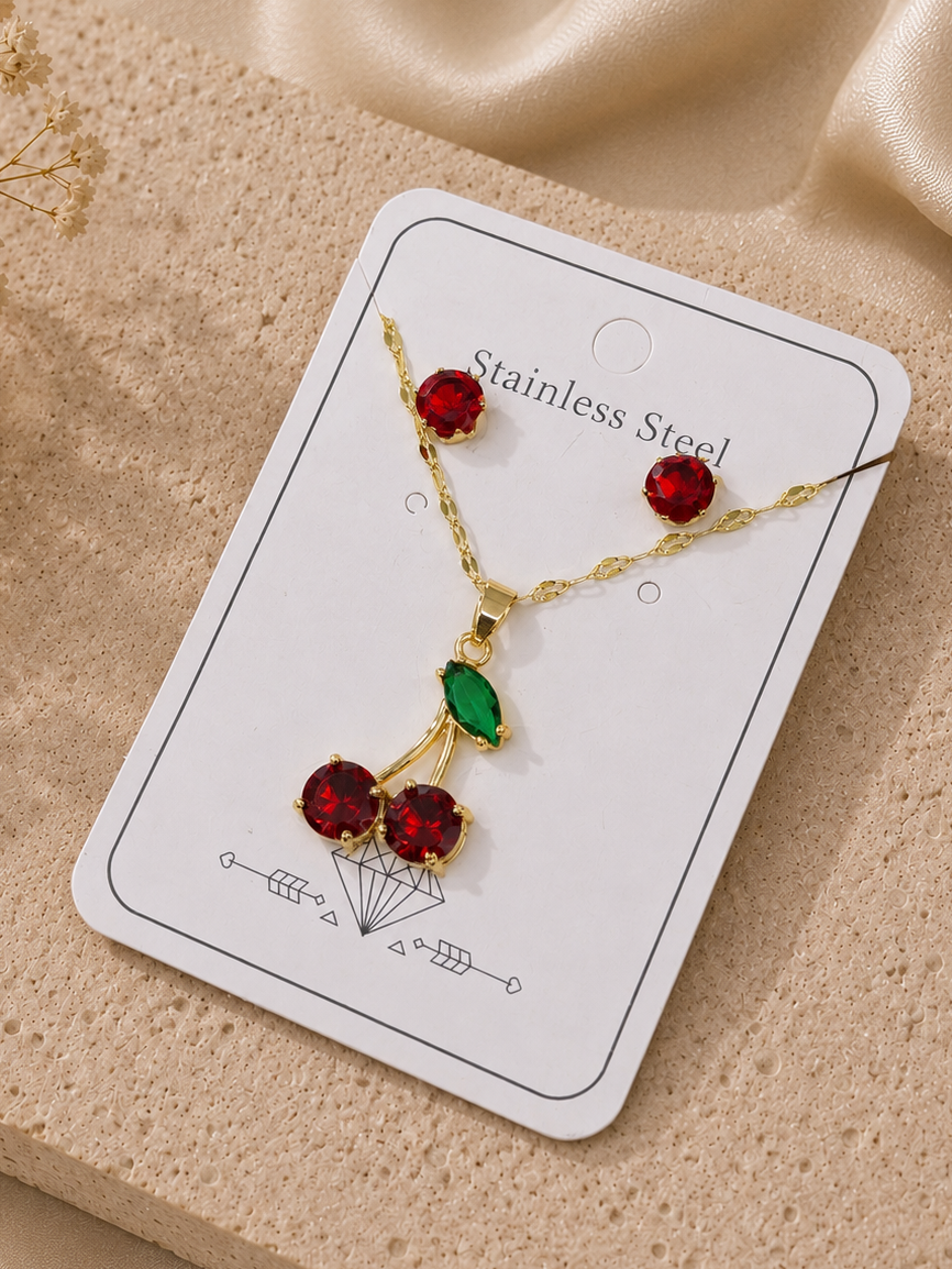 Conjunto collar y aretes doble cereza con cristales rojos acero inoxidable