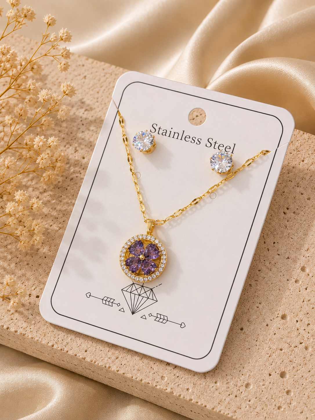 Conjunto círculo flor céntrica morada acero inoxidable