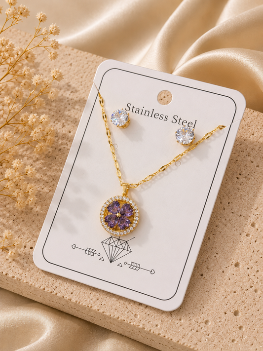 Conjunto círculo flor céntrica morada acero inoxidable