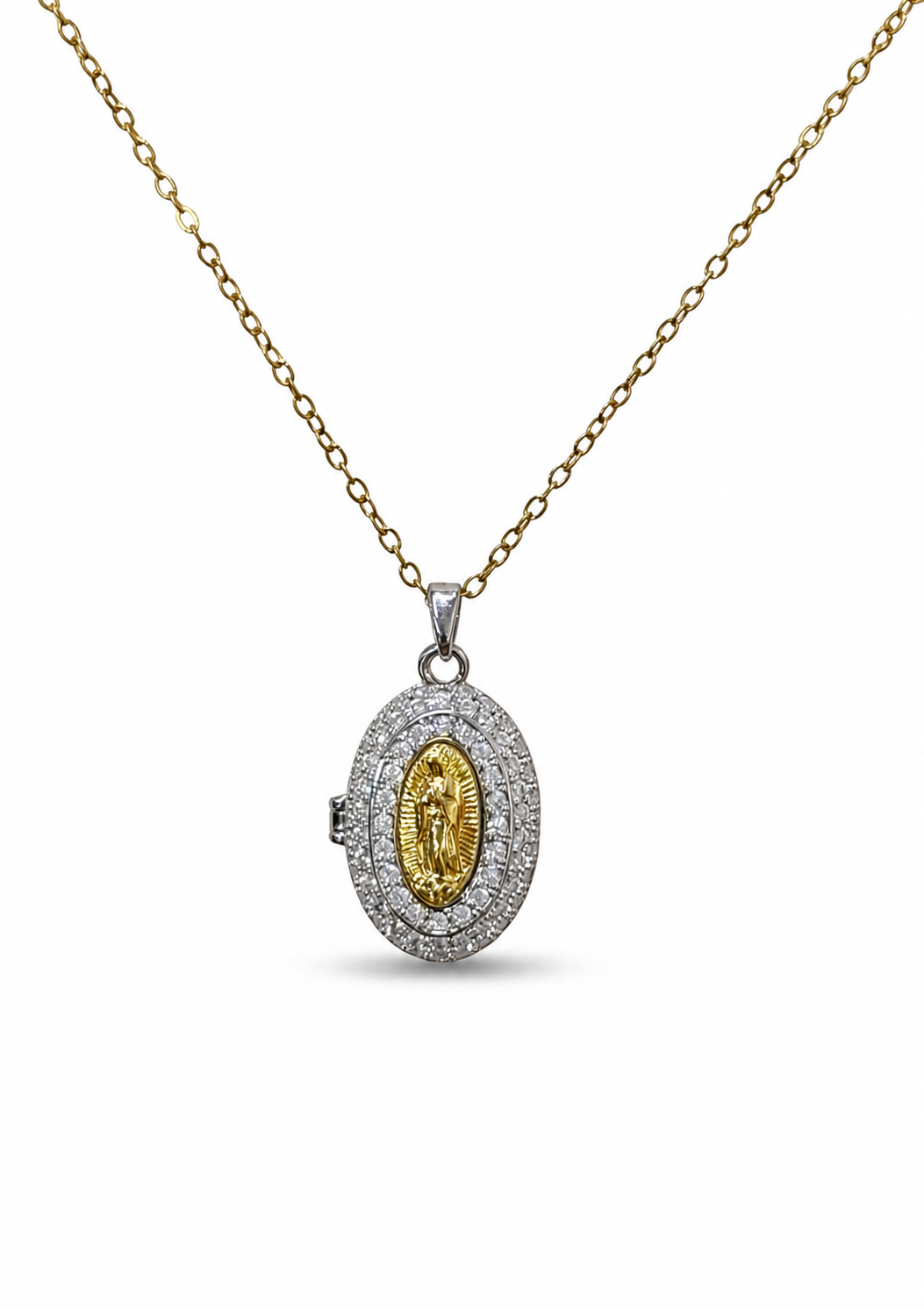 Collar relicario virgen de Guadalupe bicolor con zirconias acero inoxidable