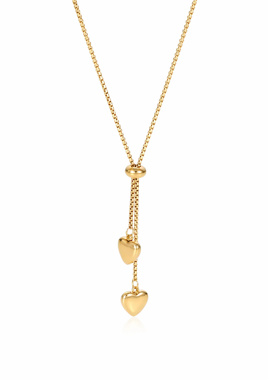 Collar lariat con corazones dorado acero inoxidable