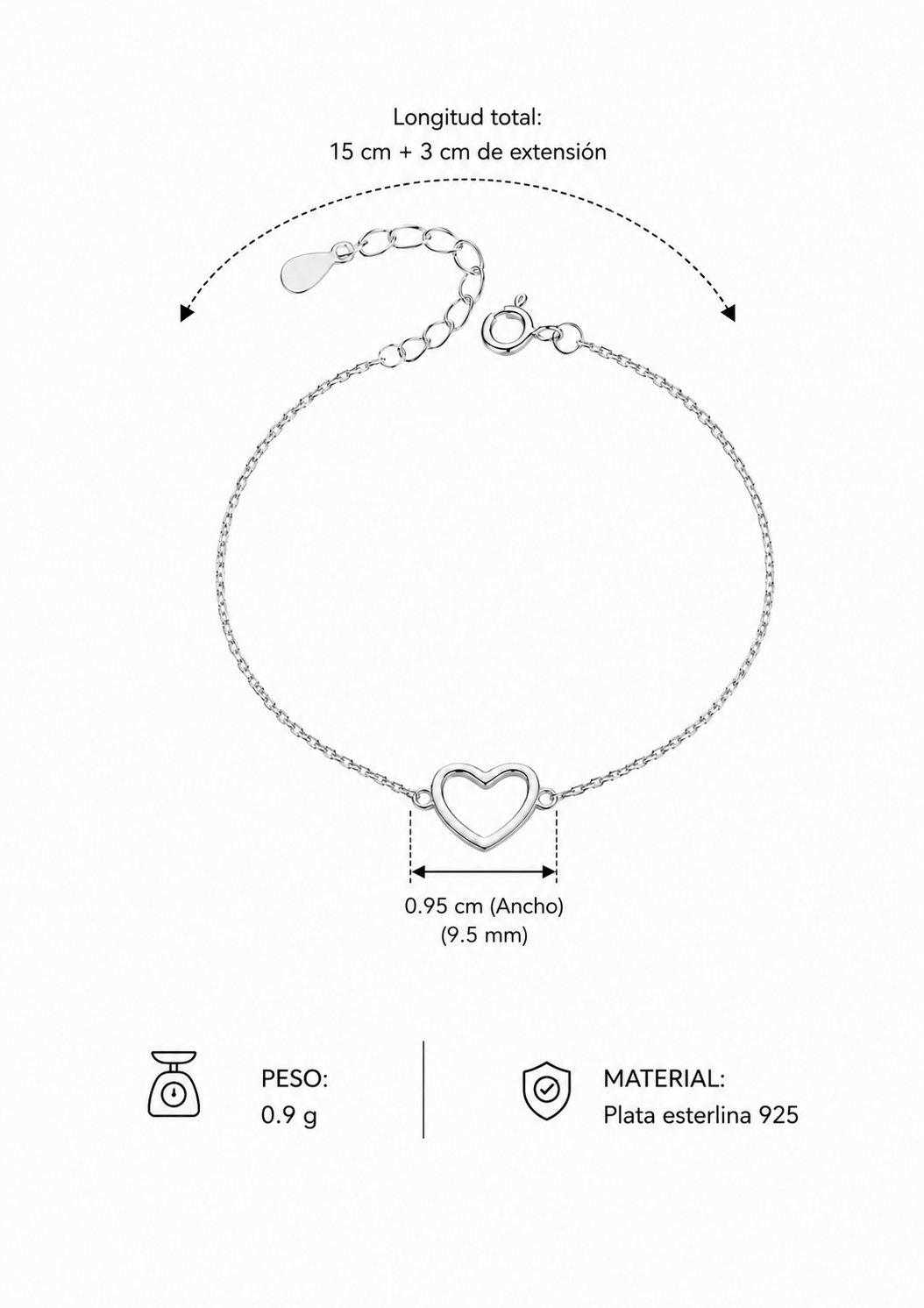 Pulsera con corazón abierto plata de ley 925