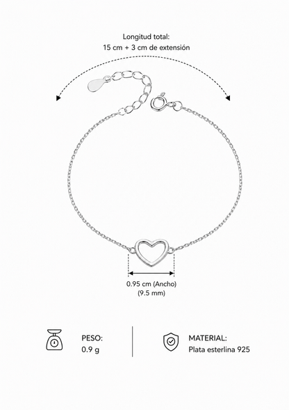 Pulsera con corazón abierto plata de ley 925