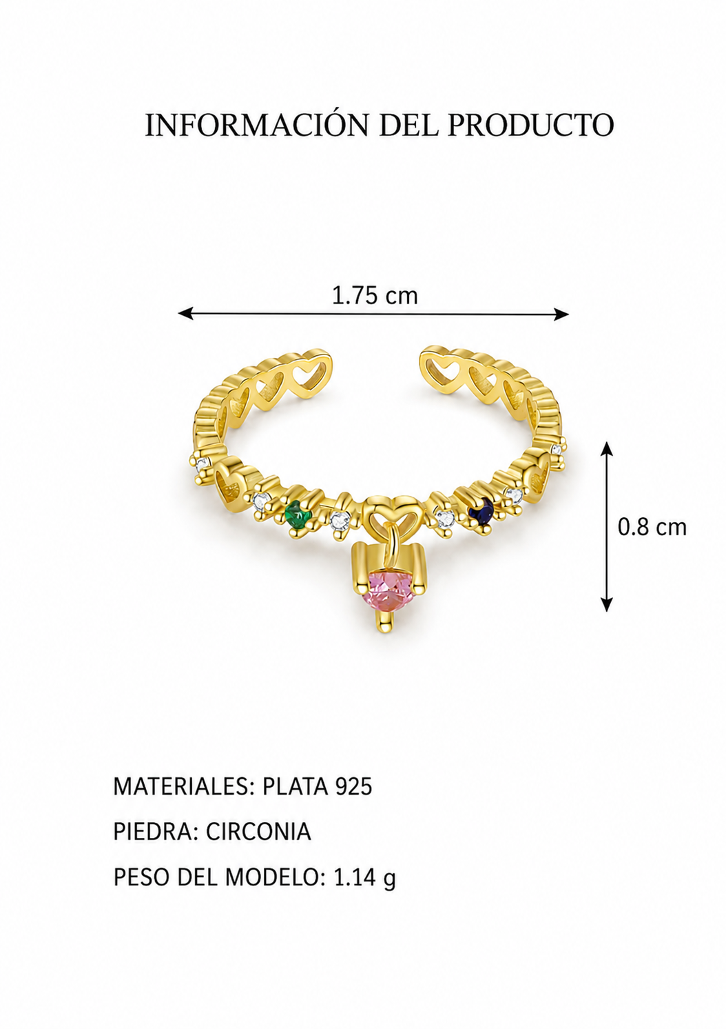 Anillo abierto de corazones con dije rosa plata de ley 925